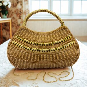 Golde Premium Golden Embellished Designer Handbag for Women | Bridal & Party Clutch for Women (Long Chain Included)