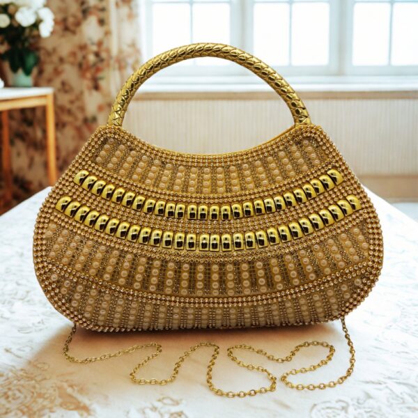 Golde Premium Golden Embellished Designer Handbag for Women | Bridal & Party Clutch for Women (Long Chain Included)