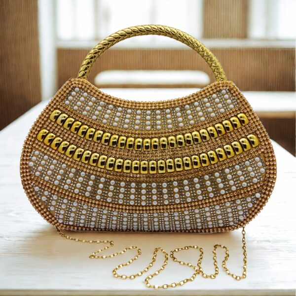 Golde Premium Golden Embellished Designer Handbag for Women | Bridal & Party Clutch for Women (Long Chain Included)
