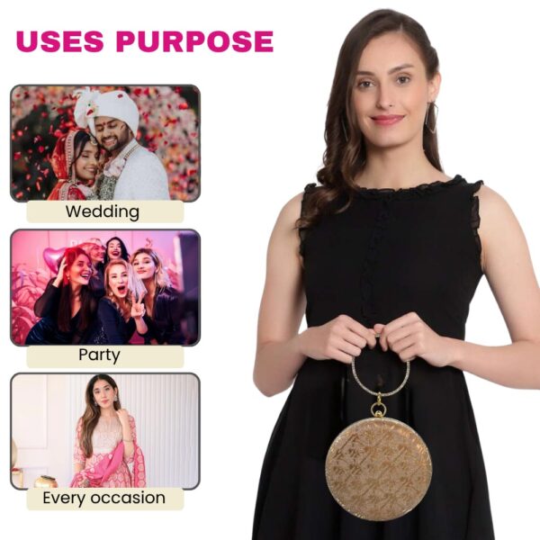 Round Evening Clutch Purse with Rhinestone Handle - Elegant Party Handbag - Image 3