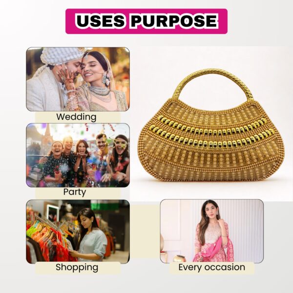 Golde Premium Golden Embellished Designer Handbag for Women | Bridal & Party Clutch for Women (Long Chain Included) - Image 3