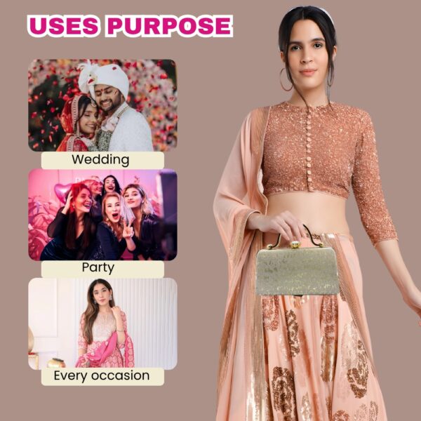 Eyesace® Women's Golden Glitter Clutch Bag for Party & Wedding | Elegant Box Clutch with Gold Frame | Glitter Purse for Girls | Box Clutch for Wedding | Party Wear Clutch With Free Metal Handle - Image 2