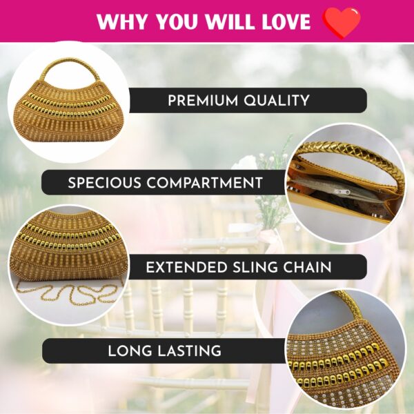 Golde Premium Golden Embellished Designer Handbag for Women | Bridal & Party Clutch for Women (Long Chain Included) - Image 4