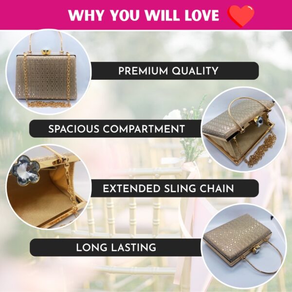 Eyesace® Women's Golden Glitter Clutch Bag for Party & Wedding | Elegant Box Clutch with Gold Frame | Glitter Purse for Girls | Box Clutch for Wedding | Party Wear Clutch With Free Metal Handle - Image 4
